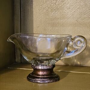 Frank M Whiting Glass Creamer Gravy Boat Silver Base Vintage Heart Shaped USA